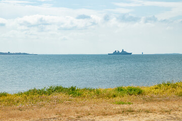 Silhouette of Danish military ship in Baltic sea near Korsor, Denmark