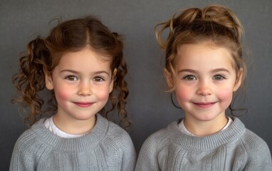 Two girls of different races and with curly hair are wearing sweaters in the image