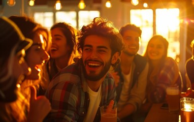 Diverse group of individuals sitting at a table, socializing and enjoying drinks together