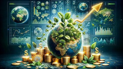 Concept of sustainable economic growth, showing globe with greenery, stacks of coins growing taller with plants, and financial charts in background, symbolizing integration of ecology and economy.
