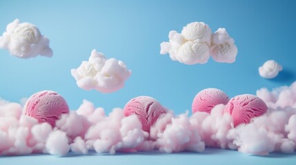 Pink ice cream scoops among the clouds. Air ice cream. Light dessert taste - obrazy, fototapety, plakaty