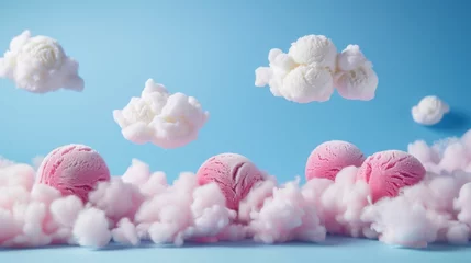 Foto op Plexiglas Pink ice cream scoops among the clouds. Air ice cream. Light dessert taste © Vladimir