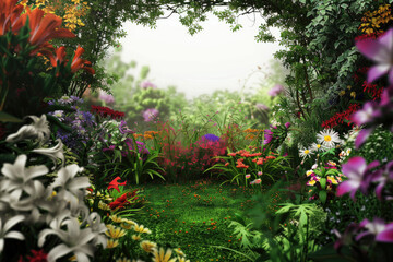 A vibrant floral frame surrounds a spacious central area