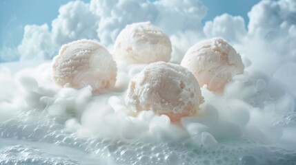 Obraz na płótnie Canvas Ice cream scoops among the clouds. Air ice cream. Light dessert taste