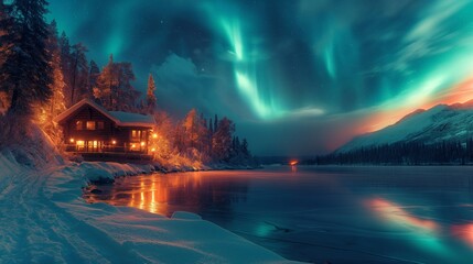 A captivating image of the Northern Lights (Aurora Borealis) dancing over a snowy, untouched landscape with a cozy, illuminated cabin in the foreground. The contrast of warm light against the cool. - obrazy, fototapety, plakaty