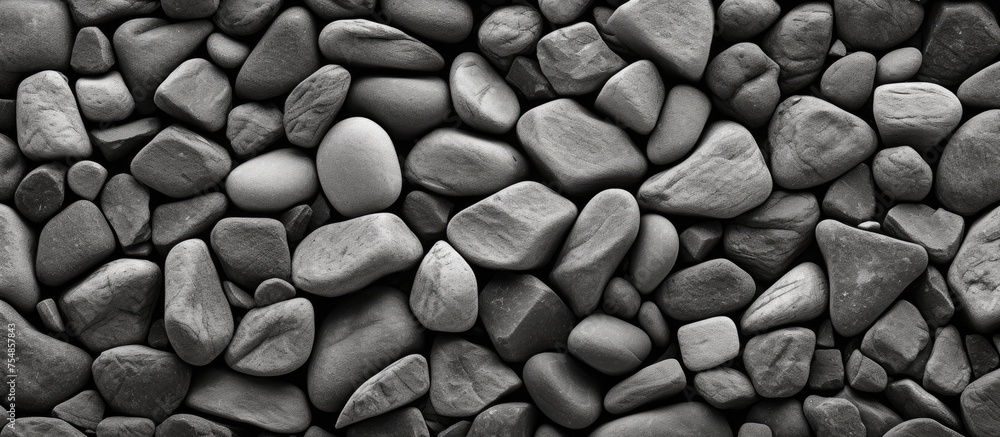 Poster this black and white image showcases a rugged terrain filled with textured rocks of various sizes an