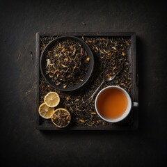 Top view of cup of black tea on a brown table - 754857822
