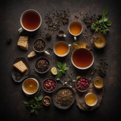 Top view of different types of tea on a table
