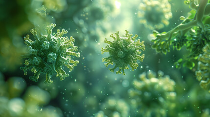 Virulent pathogen; 3d illustration of viruses. 3d rendering of green germ for medicine and pandemic concept