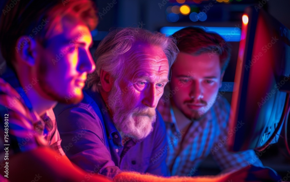 Poster multiracial group of men gathered around a computer screen, examining data and discussing informatio
