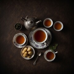 Top view of tea and sweets on a brown table - 754858018