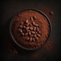 Almond nuts in cocoa powder on a table, top view