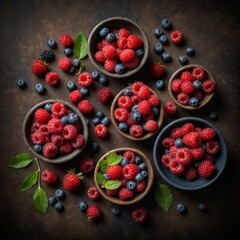 Top view of forest berries on a dark background - 754858056