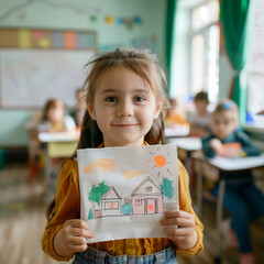 Cute little girl showing her drawing in school