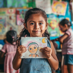 Cute little latin girl showing her drawing in school