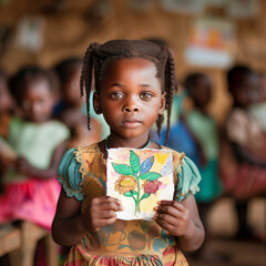Cute little African American girl showing her drawing in school