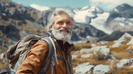 happy senior man in good physical shape, with gray hair and a beard, a tourist in the mountains with a backpack