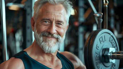 happy senior man in good physical shape with gray hair and a beard, in the gym