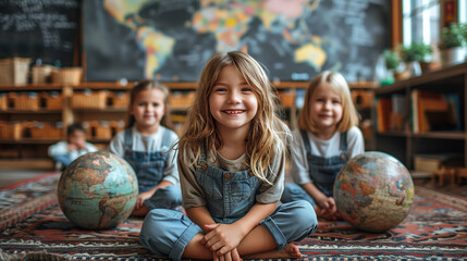 Smiling child in a classroom with globes; joyful young girl sitting on the floor with classmates in a colorful schoolroom setting