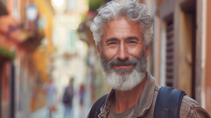 Happy mature older middle aged bearded man traveling