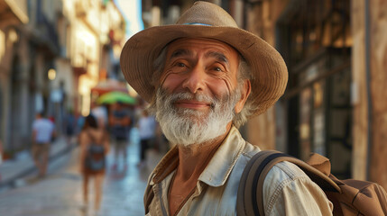 Happy mature older middle aged bearded man traveling