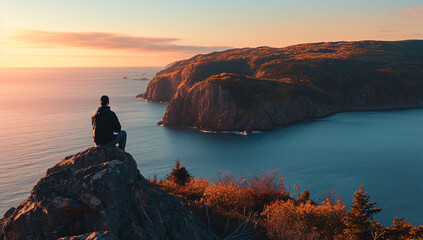 person sitting on a cliff in the sunset