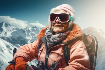 Snowy Old woman ski resort. Alpine recreation. Generate AI