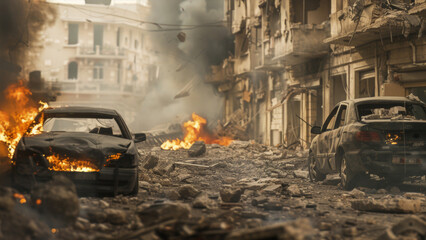 Fototapeta na wymiar Devastation unfolds in a city engulfed by fire and destruction.