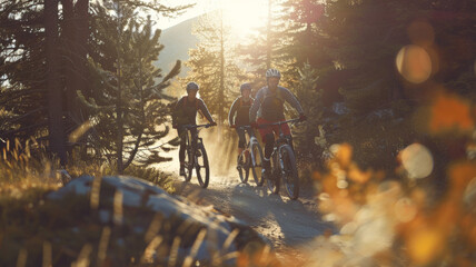 Mountain biking adventurers ride the forest trail at golden hour, with sunlight peeking.