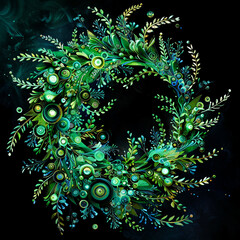 Abstract art depicting the molecular structure of chlorophyll surrounded by swirling green and blue patterns representing the essence of photosynthesis on a solid black backdrop