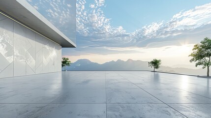 Concrete flooring and a 3D rendered abstract exterior with futuristic walls
