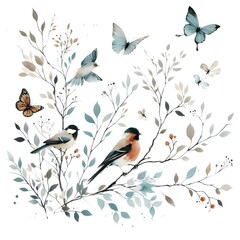 Vintage Watercolor Style Leaves and Butterflies on White