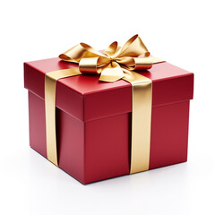 Red gift box with gold bow on white background сreated with Generative Ai