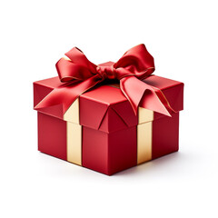 Fototapeta premium Red gift box with gold bow on white background сreated with Generative Ai