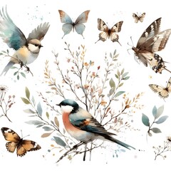 Birds and Butterflies in Vintage Watercolor Style