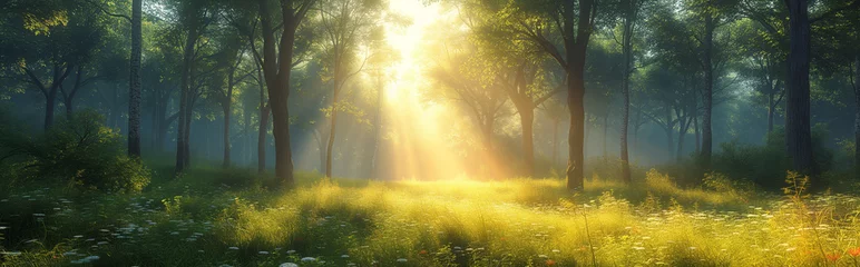 Fototapeten Desktop wallpaper, beautiful landscape: sun rays playing on a meadow in the forest at summertime © acrogame