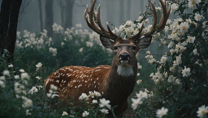 Photo of a large deer, antiera of flowers, dreamy fog. generative AI