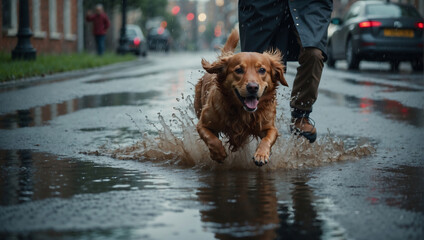 Lebhafter Mischlingshund tollt mit Besitzer dynamisch durch Regenpfützen - obrazy, fototapety, plakaty