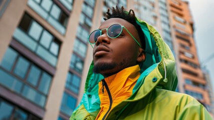 A man with a multiracial background wearing sunglasses and a bright yellow jacket