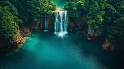 An awe-inspiring aerial view of an ancient rainforest with a hidden waterfall cascading into a crystal-clear lagoon, untouched by civilization. The majestic beauty of the natural world in its purest f