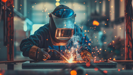 Skilled welder at work with sparks flying in a metal workshop.