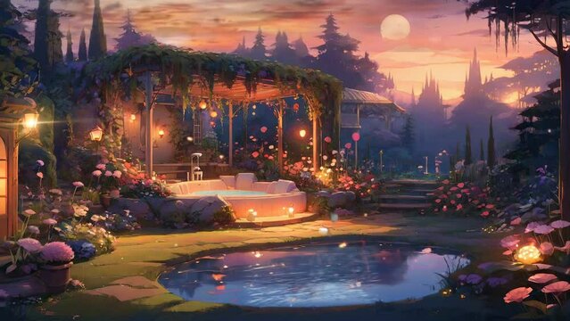 A picturesque landscape featuring a swimming pool within Soe Park on a gorgeous day, seamlessly looped in 4K resolution to serve as an enchanting animated video background.