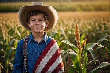 Boy with us flag in field patriotic day independence day of Usa - obrazy, fototapety, plakaty