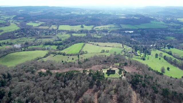 Beautiful aerial view of the St Martha's Church, Historic building in countryside of Guildford, England. Spring outdoor