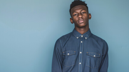 Confident young man in a denim shirt, embodying youthful resilience and simplicity.