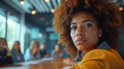 A multiracial woman with curly hair is sitting at a table - Powered by Adobe