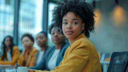 Multiracial group of women sitting together around a conference room table, engaged in a meeting or discussion