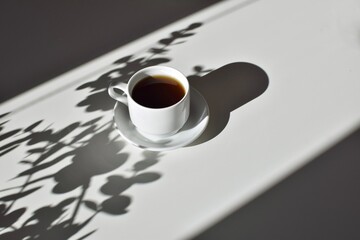 White ceramic cup and saucer with coffee drink on the table with floral shadows from sunlight.