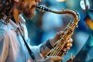 Soulful Serenade: Talented Man Playing the Saxophone - Music, Saxophone, Performance, Jazz, Musician, Instrument, Melody