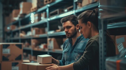 A man and woman of different races are busy organizing boxes in a warehouse setting - Powered by Adobe